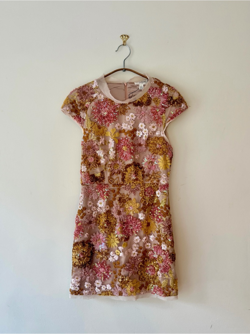 Boho Chic Embroidered Floral Mini Dress in Pink & Gold